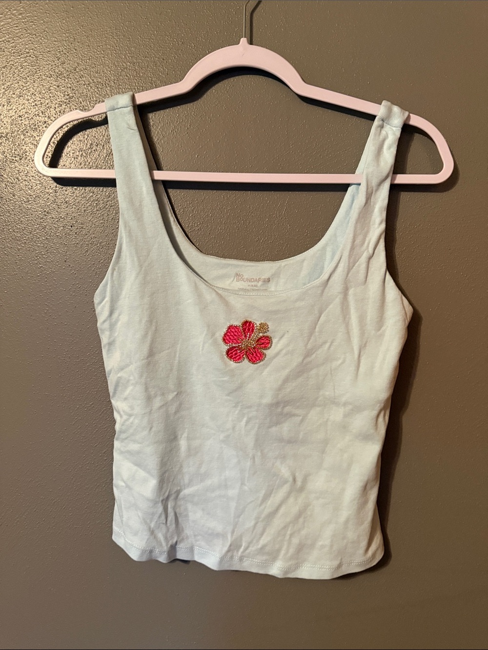 Light Blue Floral Embroidered Scoop Neck Tank Top